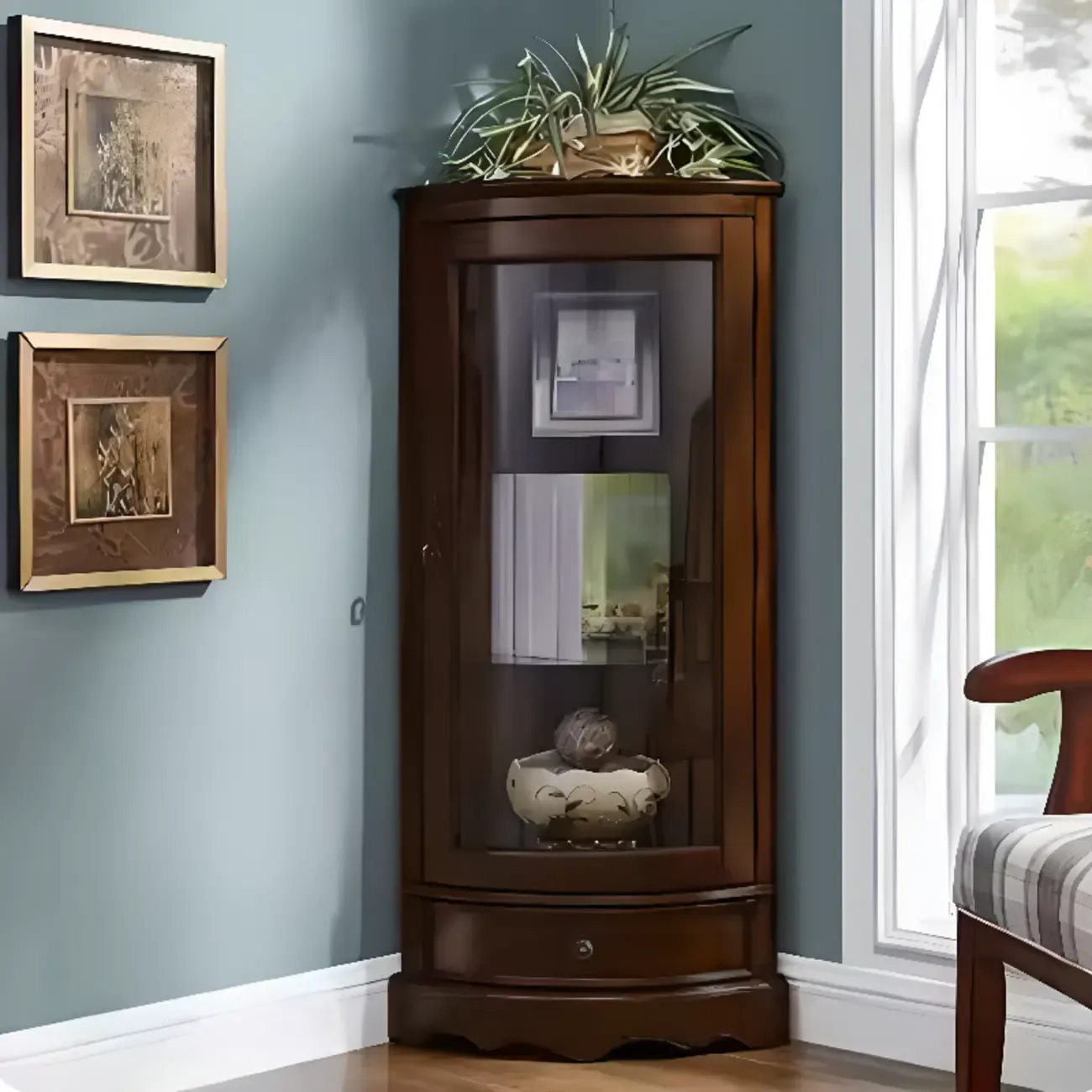 Traditional Wooden Corner Display Cabinet for Living Room Image - 5