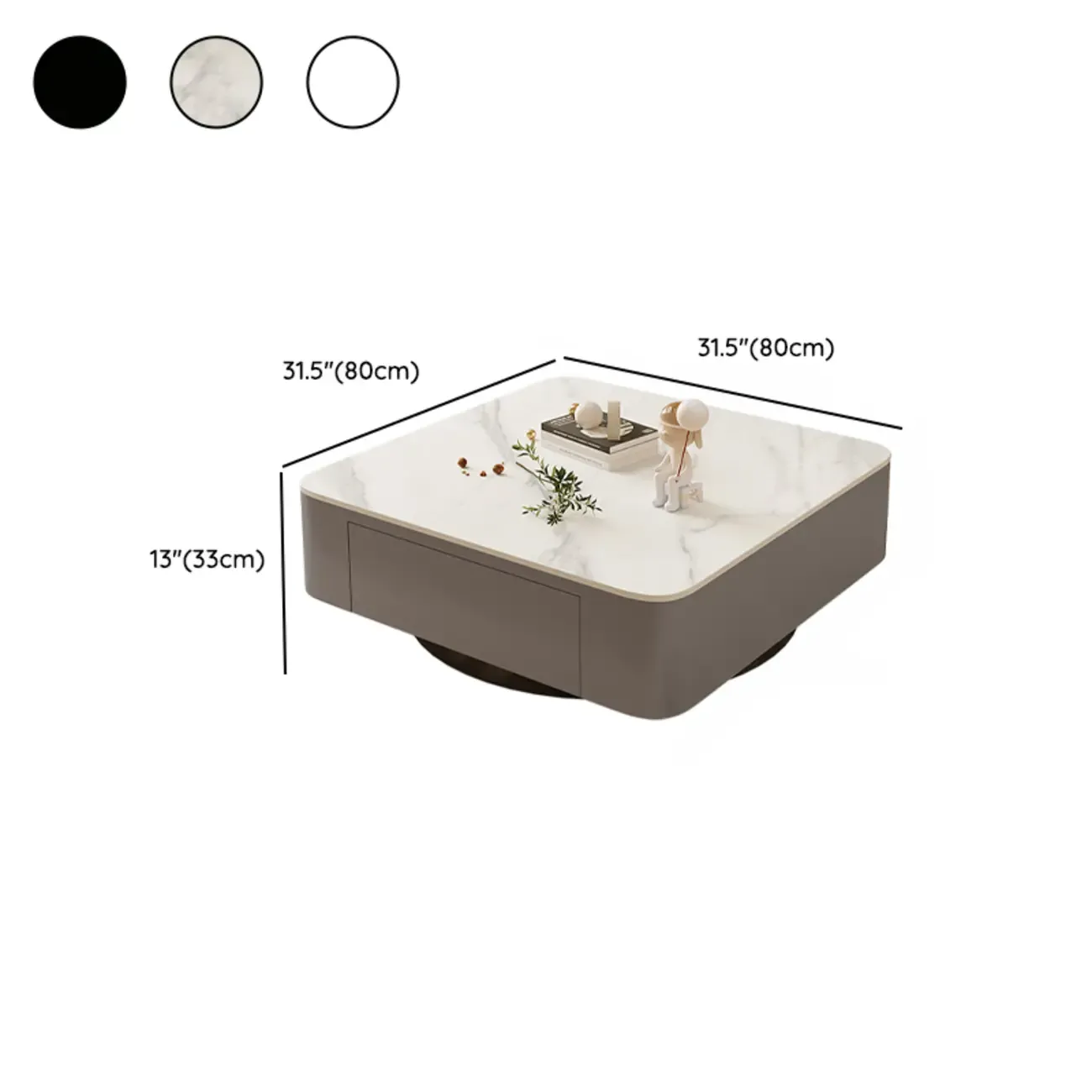 Modern White Glass Square Coffee Table Set with 2-Drawer #size