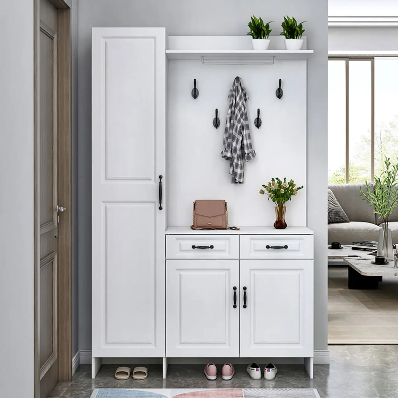 Modern White Hall Tree with Shoe Storage and Mirror Image - 2 | homeyfad