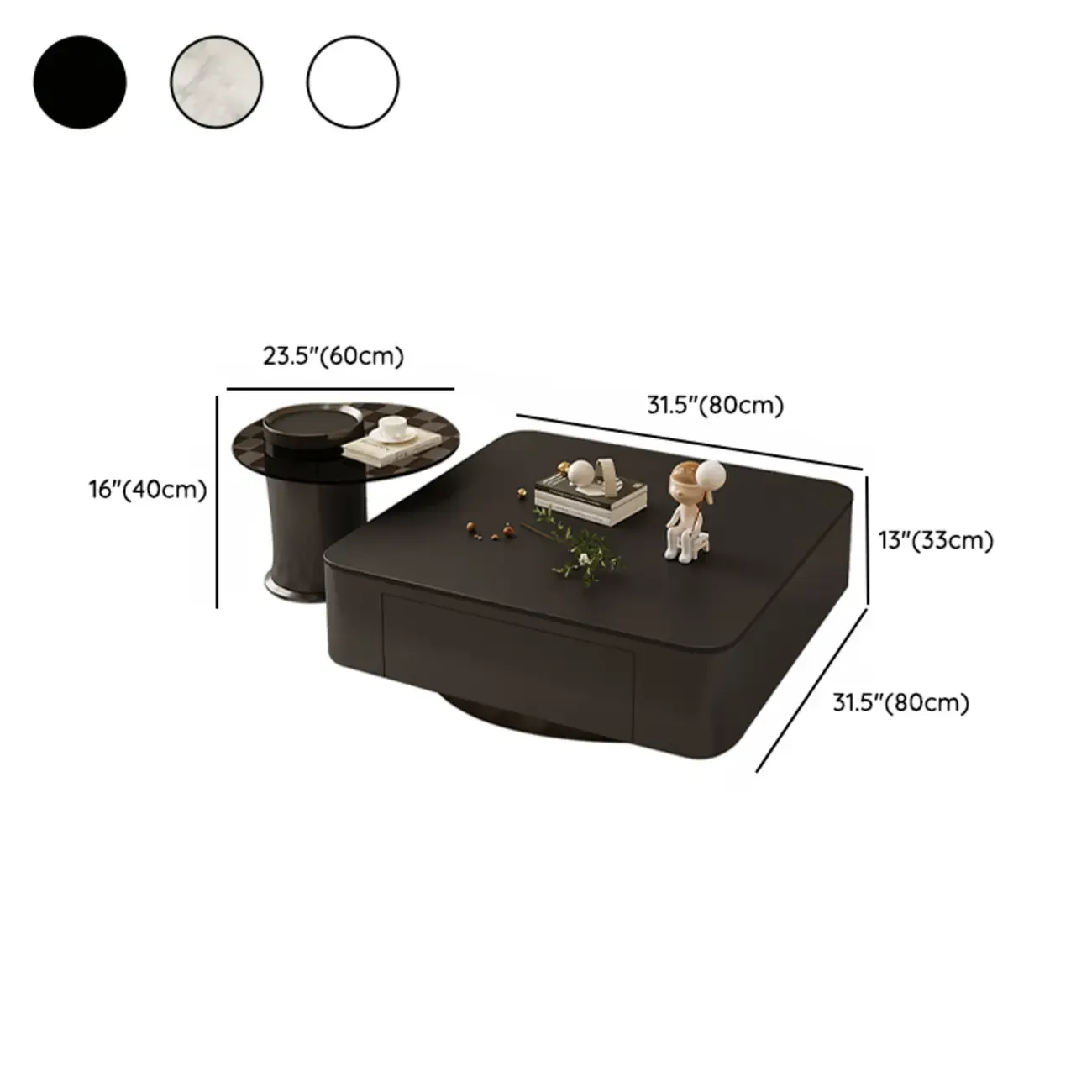 Modern White Glass Square Coffee Table Set with 2-Drawer Image - 12
