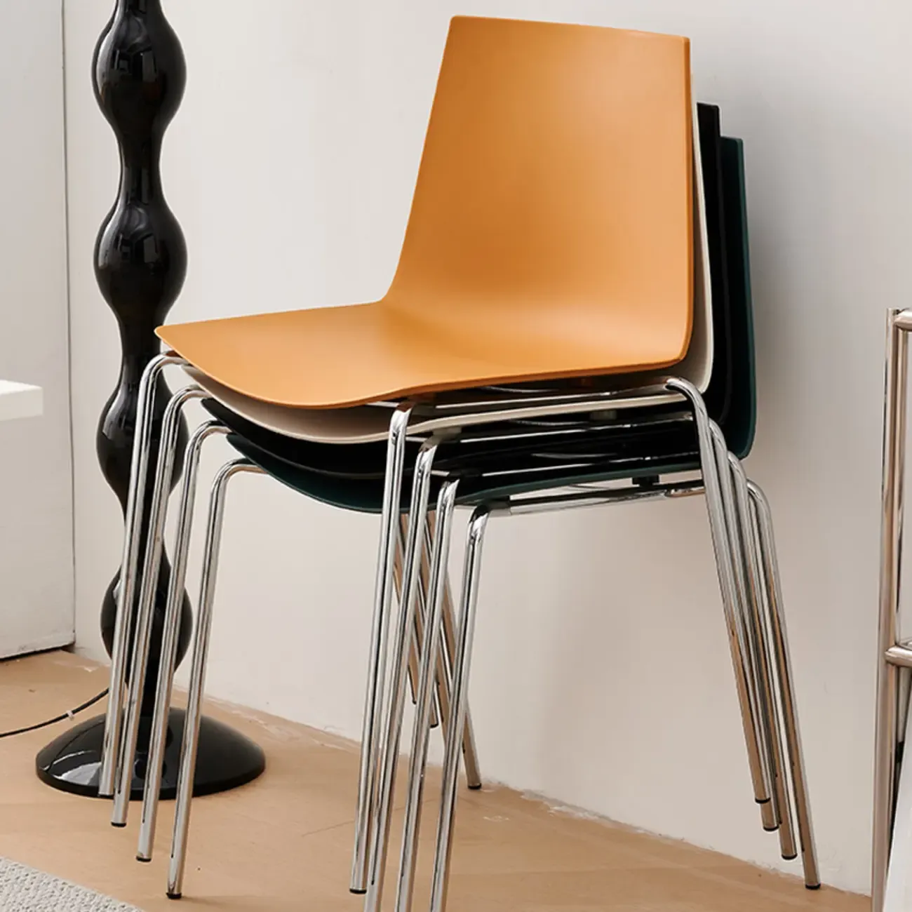 Minimalist Plastic Stackable Metal Armless Dining Chair Image - 4