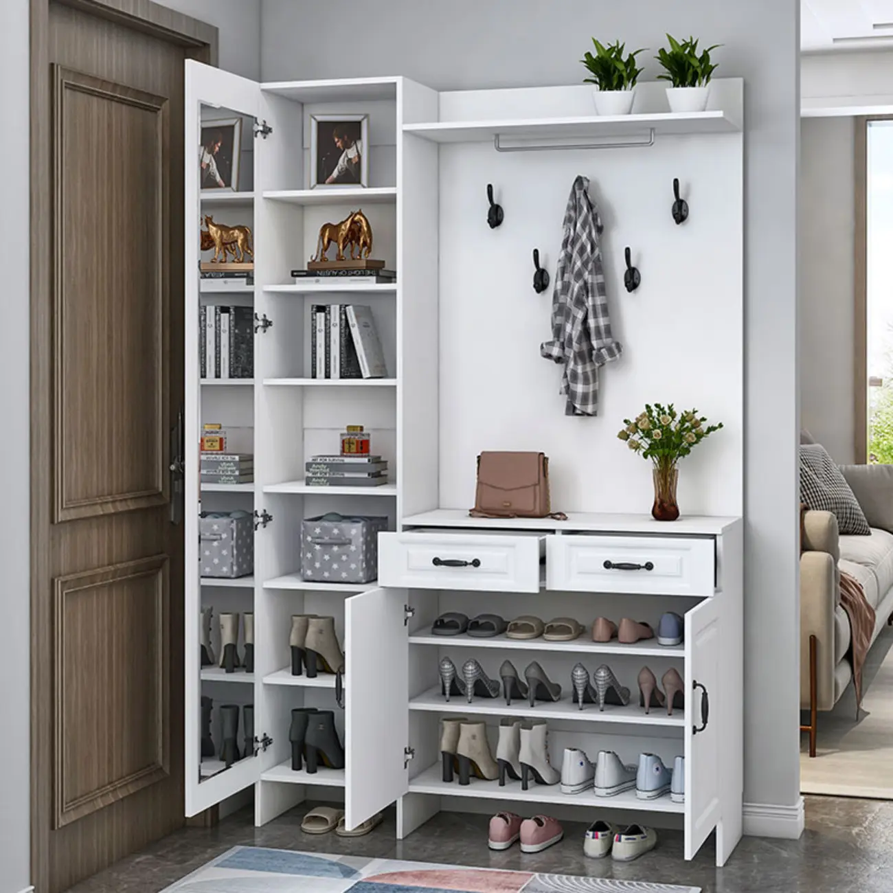 Modern White Hall Tree with Shoe Storage and Mirror Image - 4 | homeyfad