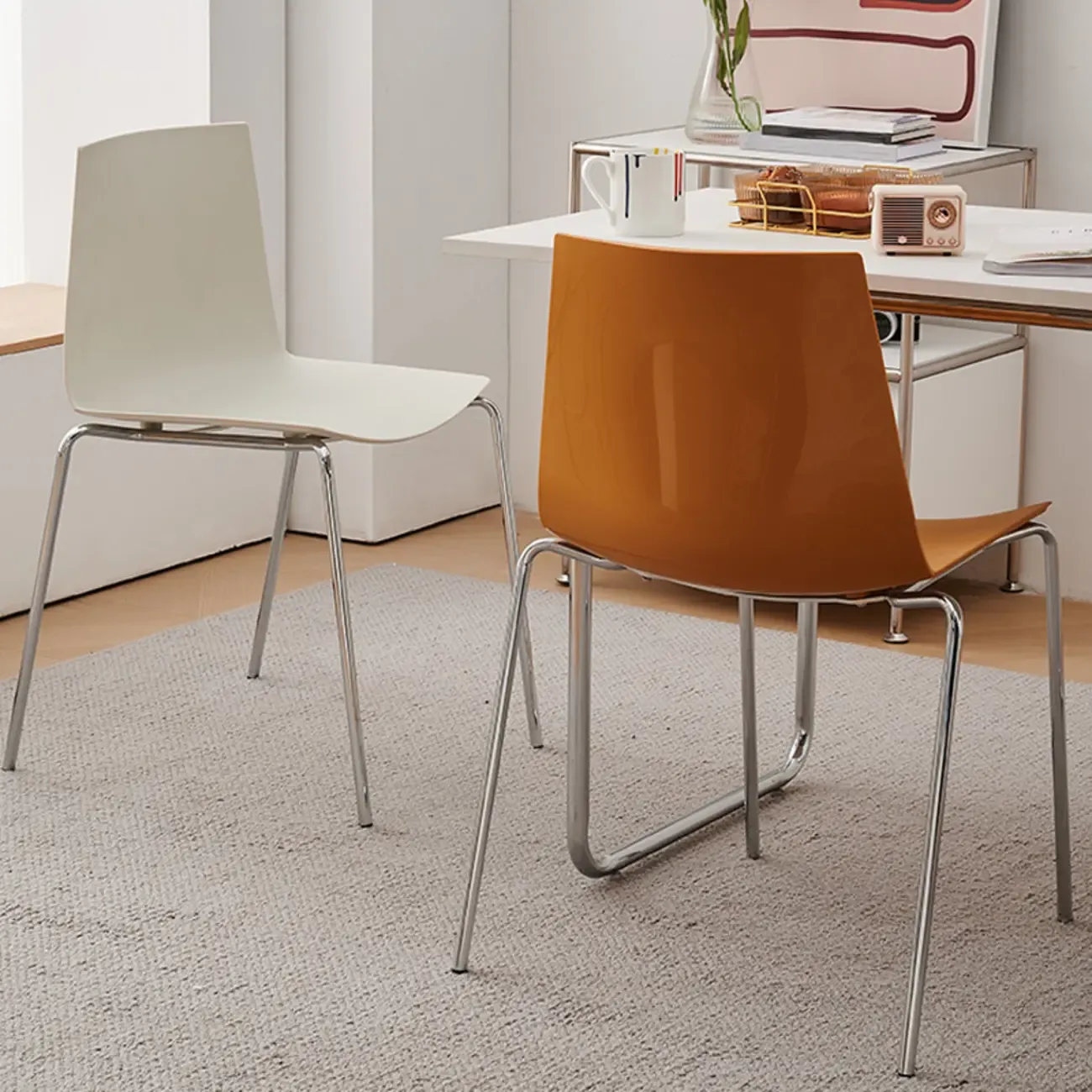 Minimalist Plastic Stackable Metal Armless Dining Chair Image - 6