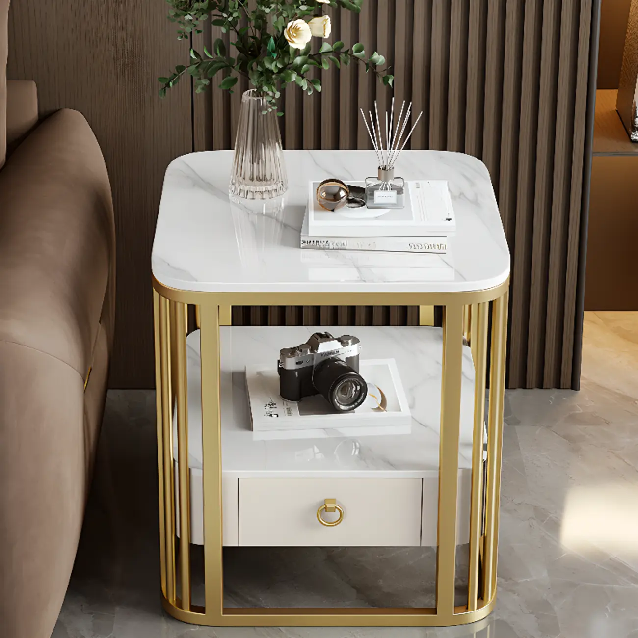 2-Tier White Marble Side Table with Storage and Metal Frame Image - 1 | homeyfad
