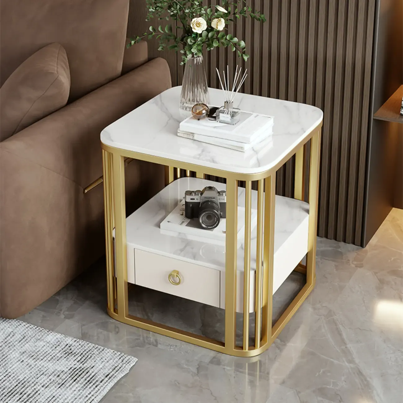 2-Tier White Marble Side Table with Storage and Metal Frame Image - 2
