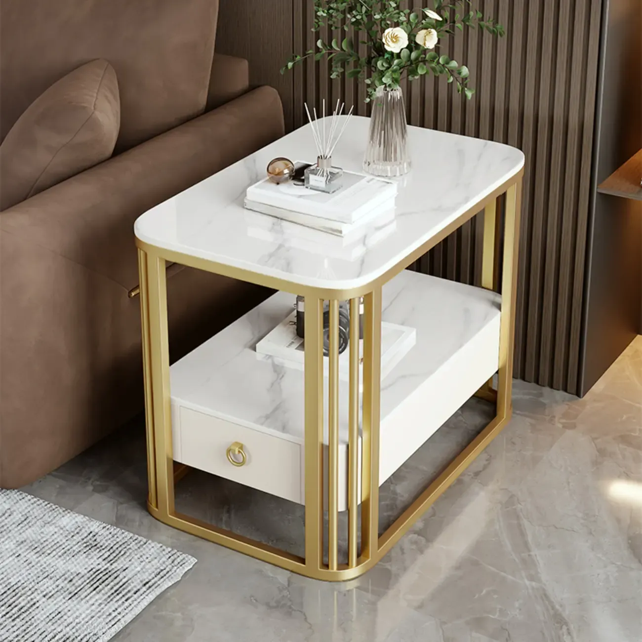 2-Tier White Marble Side Table with Storage and Metal Frame Image - 3