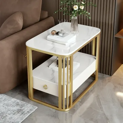 2-Tier White Marble Side Table with Storage and Metal Frame Image - 3