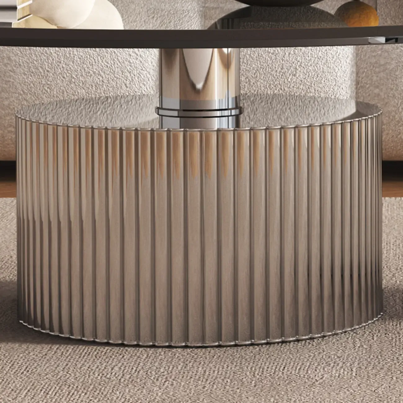 Modern Waterproof Glass Round Coffee Table with Silver Base Image - 8