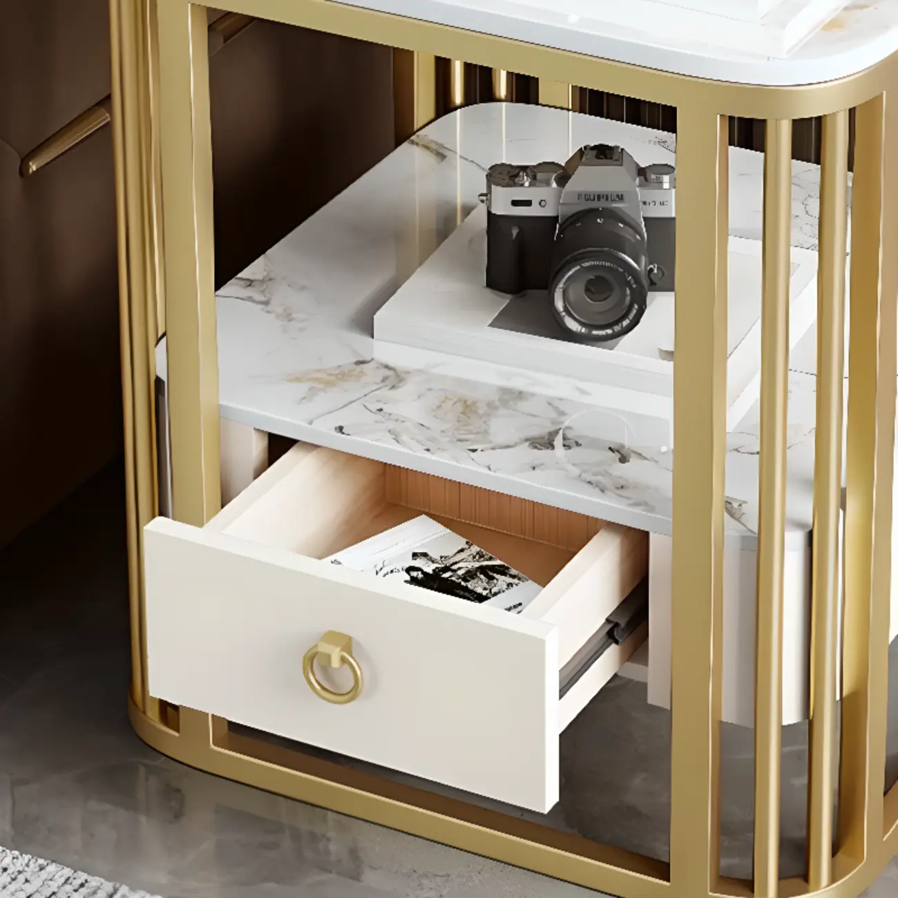 2-Tier White Marble Side Table with Storage and Metal Frame Image - 4 | homeyfad