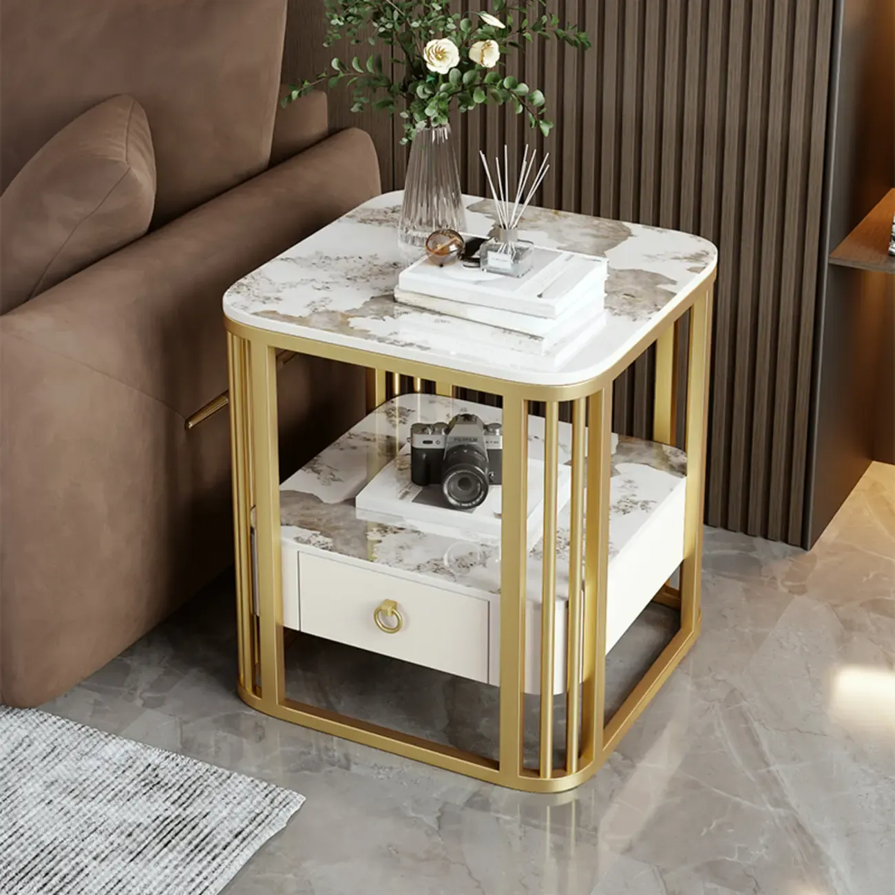 2-Tier White Marble Side Table with Storage and Metal Frame Image - 5