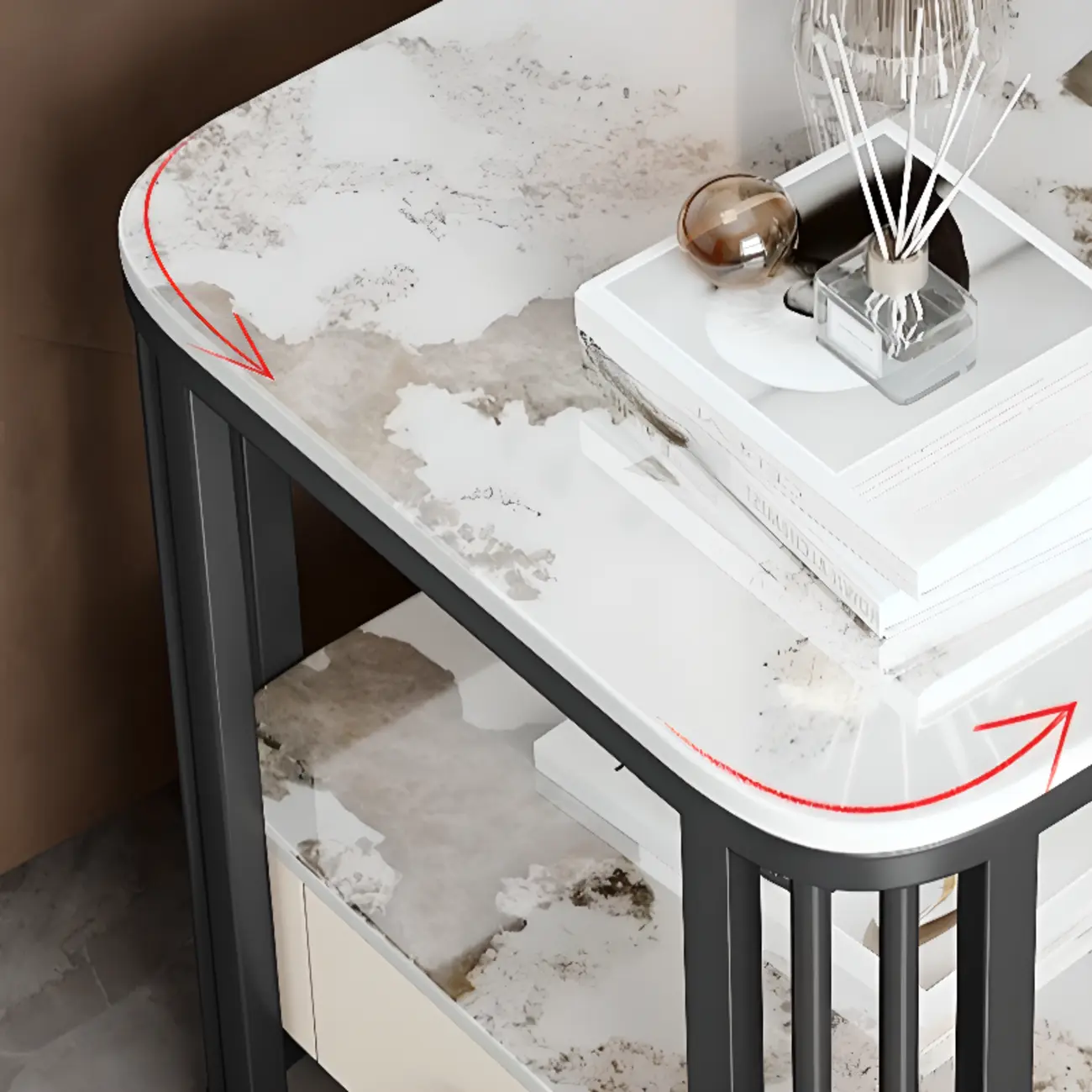 2-Tier White Marble Side Table with Storage and Metal Frame Image - 6 | homeyfad