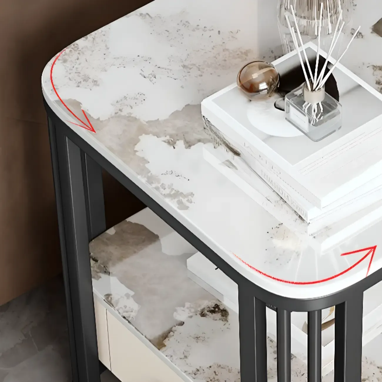 2-Tier White Marble Side Table with Storage and Metal Frame Image - 6