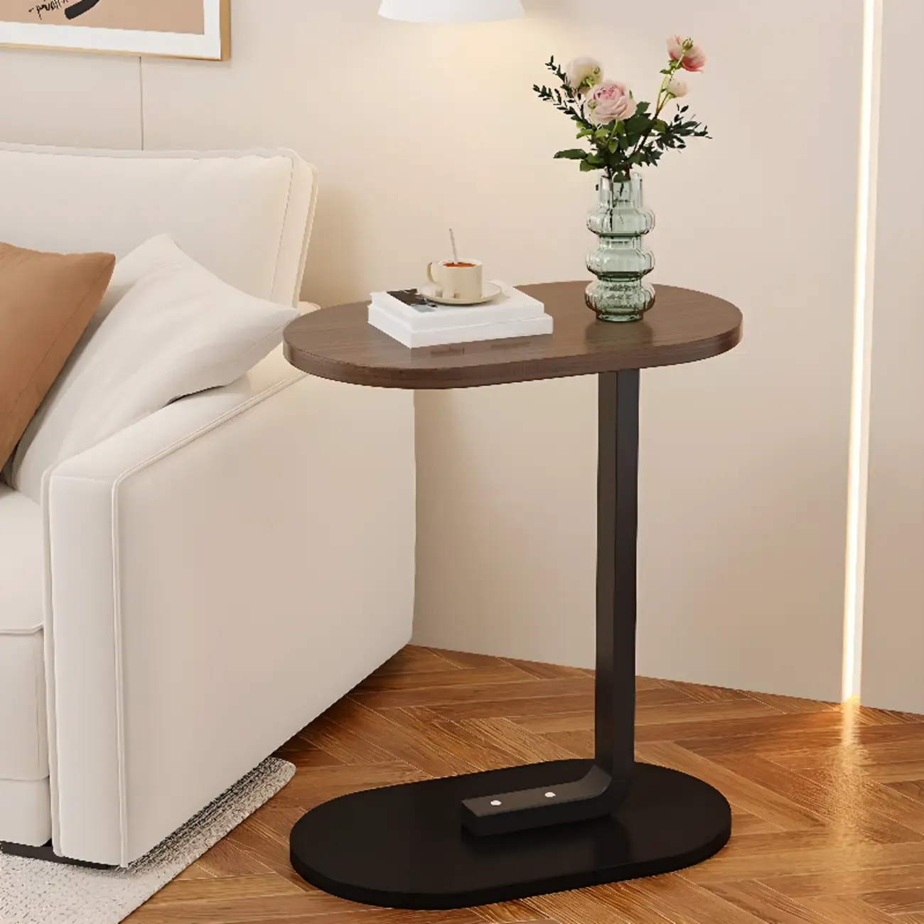 Modern C-Shaped Oval Wood Side Table with Metal Base Image - 1