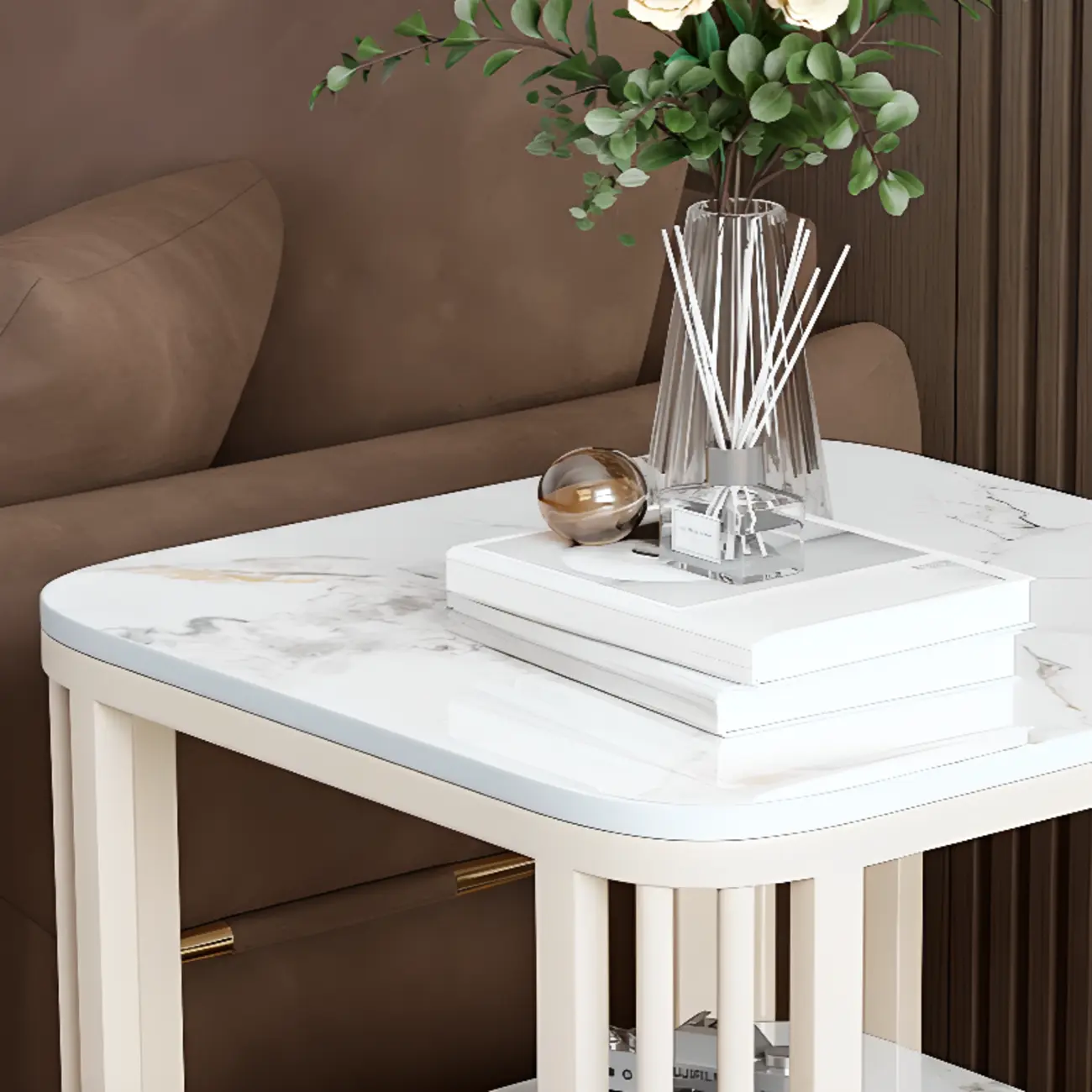 2-Tier White Marble Side Table with Storage and Metal Frame Image - 7 | homeyfad