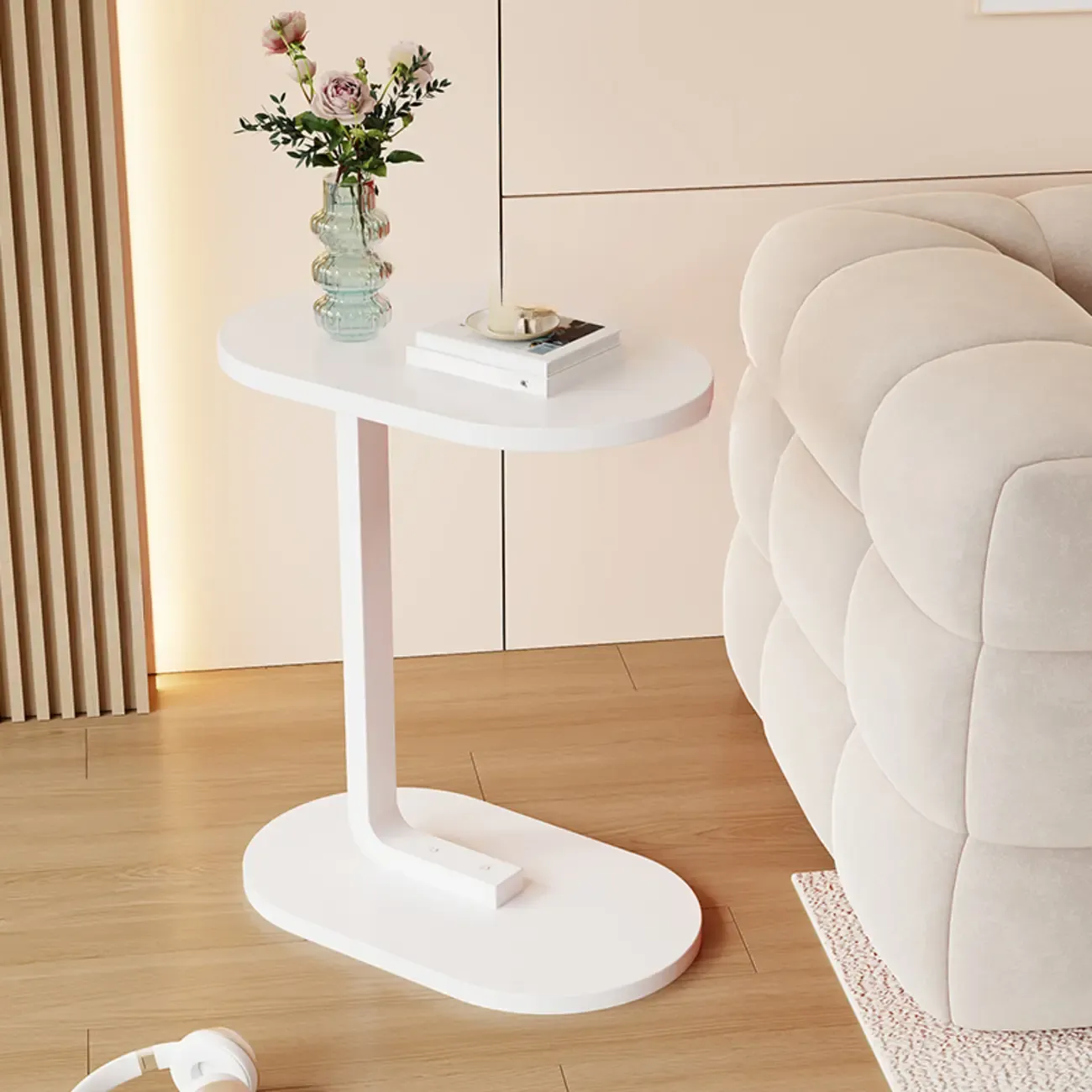 Modern C-Shaped Oval Wood Side Table with Metal Base Image - 2