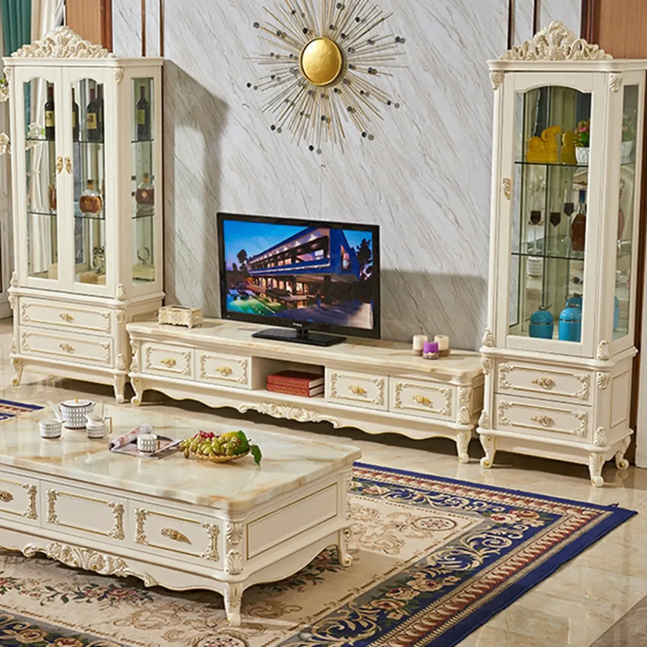  Lavish Style Wooden Glass Display Cabinet for Living Room Image - 5