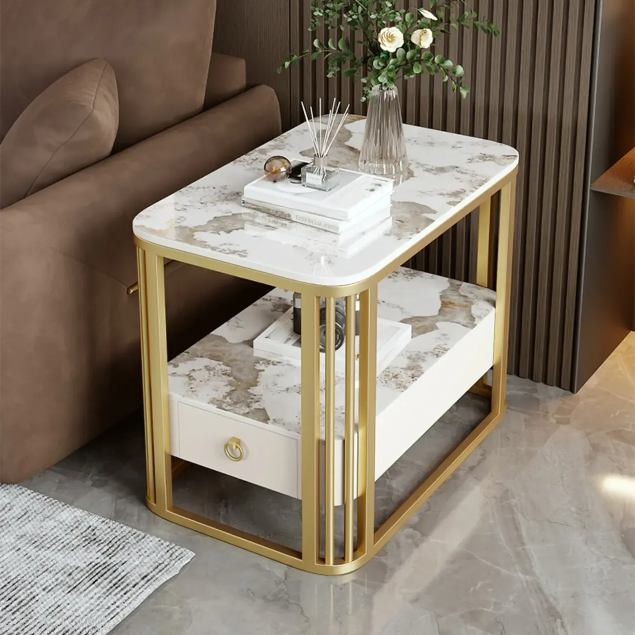 2-Tier White Marble Side Table with Storage and Metal Frame Image - 8
