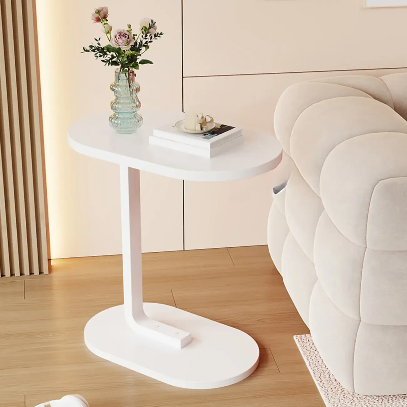 Modern C-Shaped Oval Wood Side Table with Metal Base Image - 3