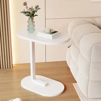 Modern C-Shaped Oval Wood Side Table with Metal Base Image - 3