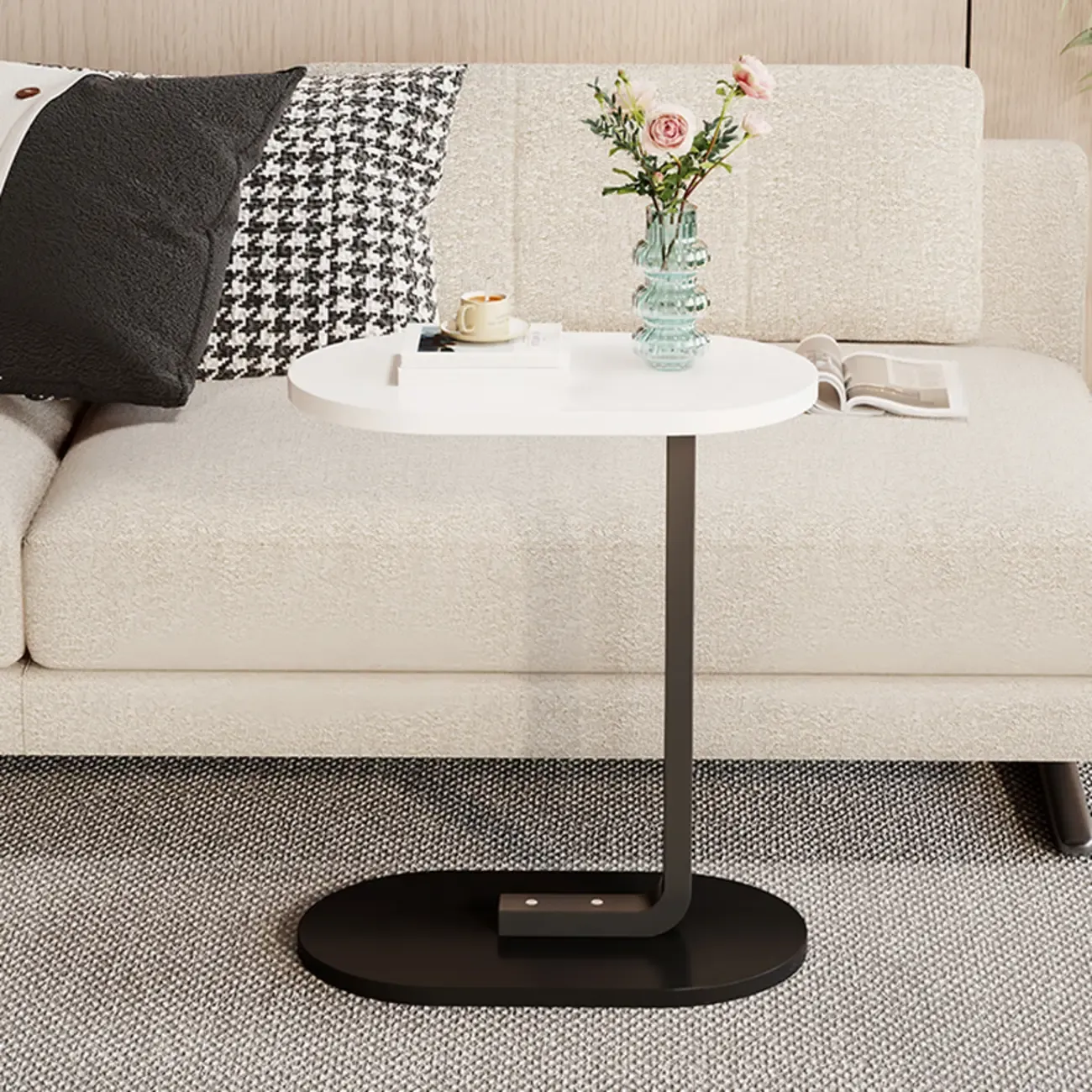 Modern C-Shaped Oval Wood Side Table with Metal Base Image - 4