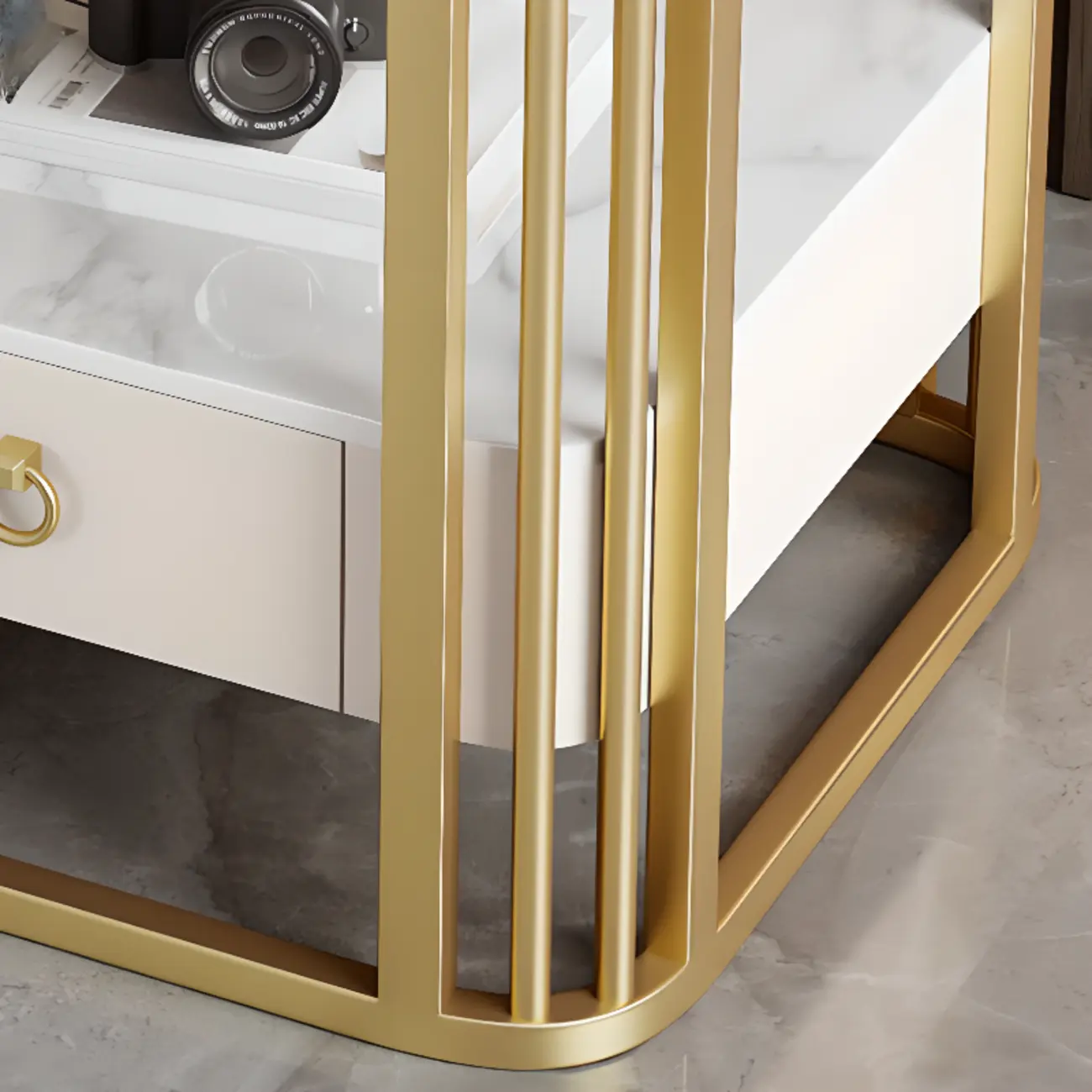 2-Tier White Marble Side Table with Storage and Metal Frame Image - 9 | homeyfad