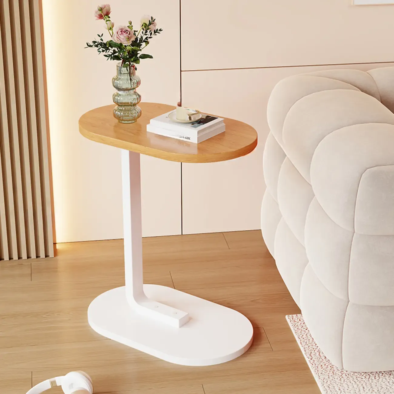 Modern C-Shaped Oval Wood Side Table with Metal Base Image - 5