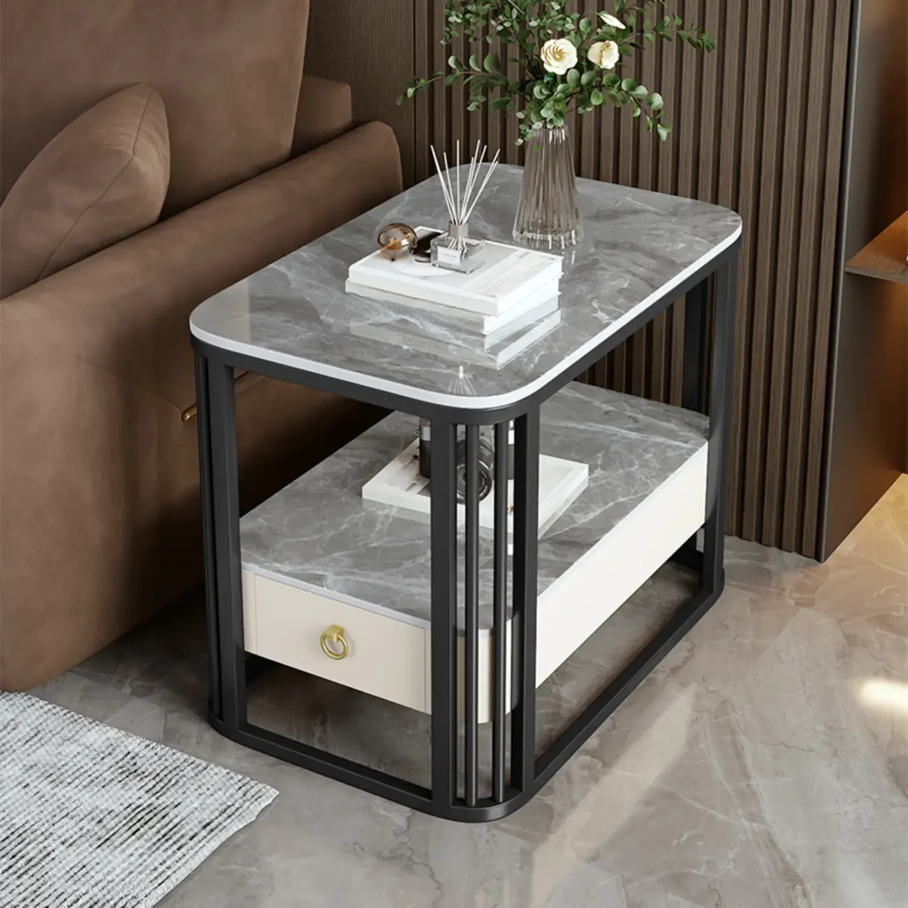 2-Tier White Marble Side Table with Storage and Metal Frame Image - 10