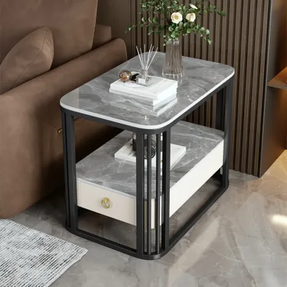 2-Tier White Marble Side Table with Storage and Metal Frame Image - 10