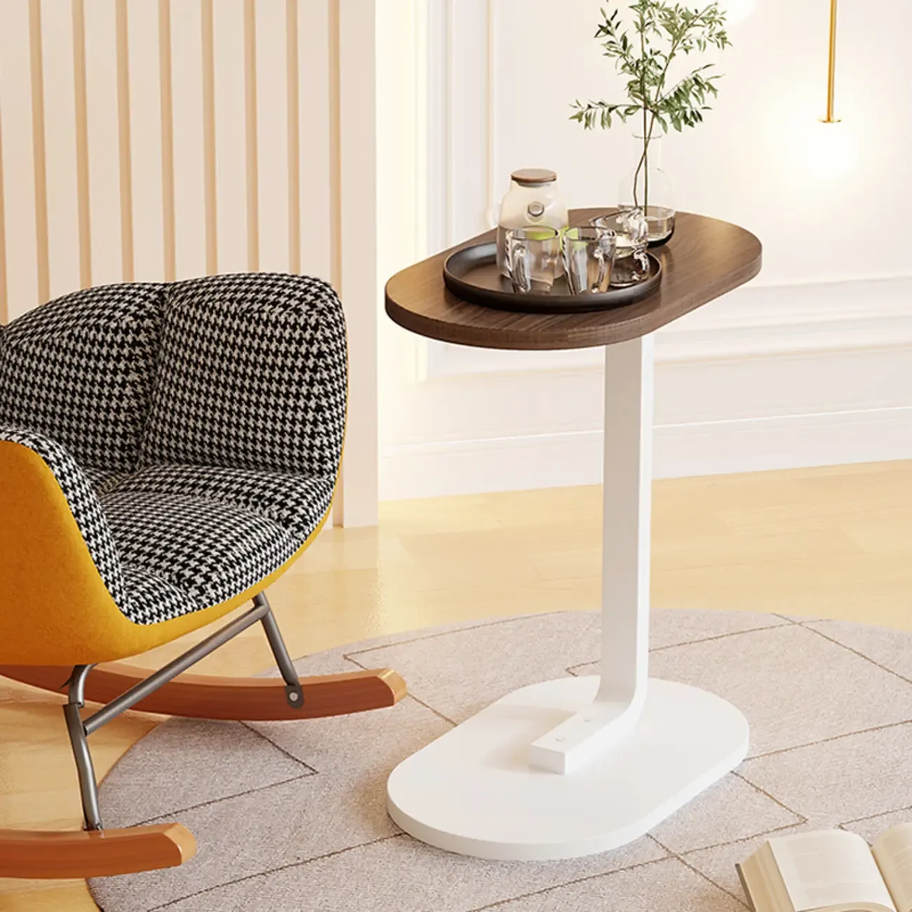 Modern C-Shaped Oval Wood Side Table with Metal Base Image - 6