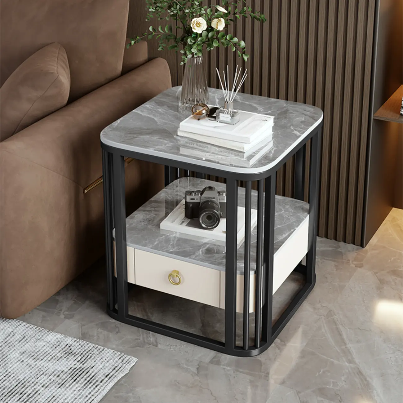 2-Tier White Marble Side Table with Storage and Metal Frame Image - 11 | homeyfad