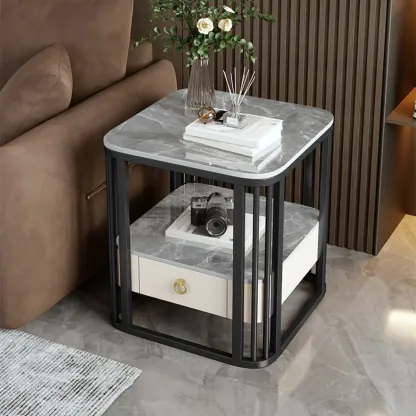 2-Tier White Marble Side Table with Storage and Metal Frame Image - 11