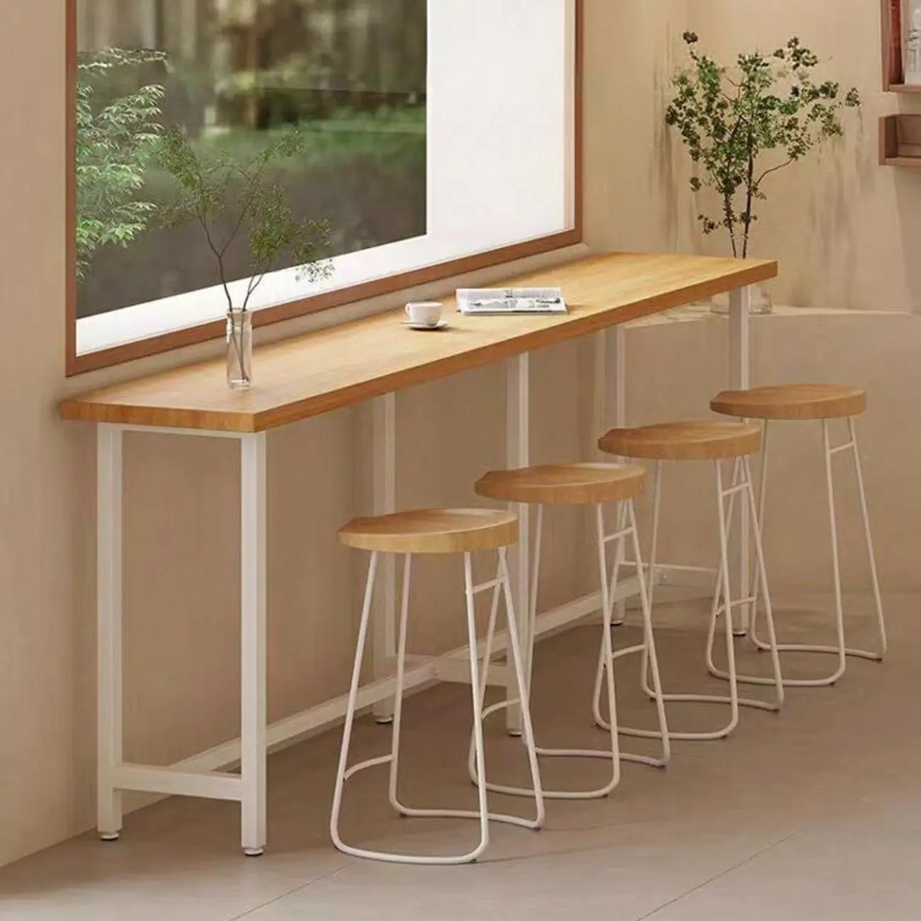 Simplistic Pine Wood Bar Table with White Metal Base for Dining Image - 1 | homeyfad
