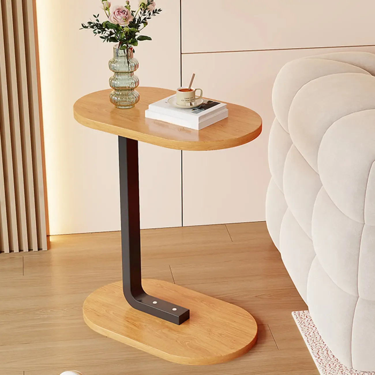 Modern C-Shaped Oval Wood Side Table with Metal Base Image - 7