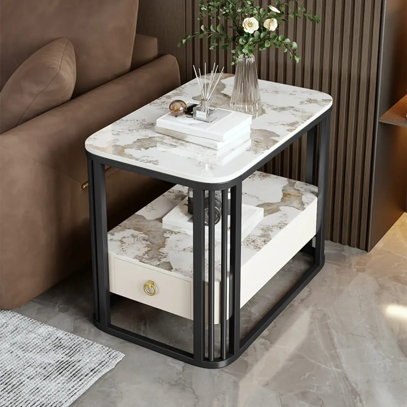 2-Tier White Marble Side Table with Storage and Metal Frame Image - 12