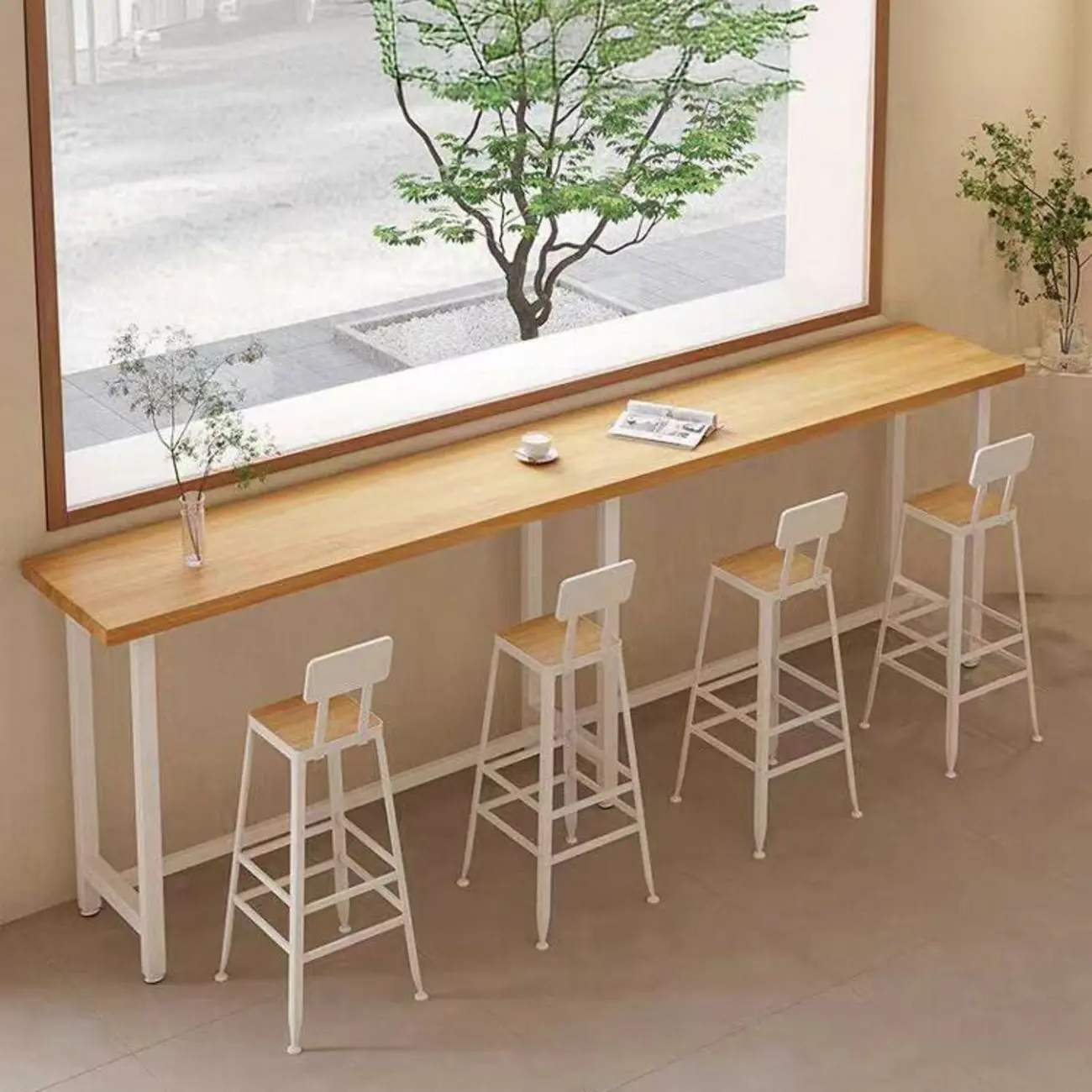 Simplistic Pine Wood Bar Table with White Metal Base for Dining Image - 2 | homeyfad