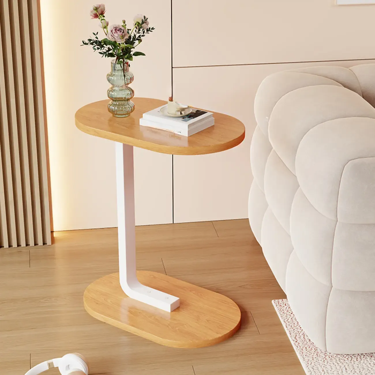 Modern C-Shaped Oval Wood Side Table with Metal Base Image - 8