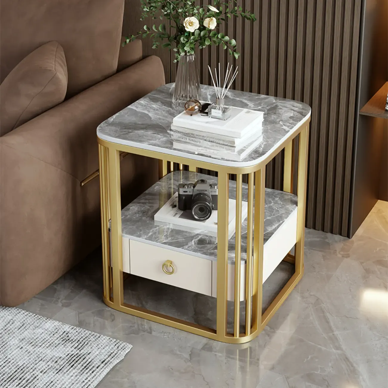 2-Tier White Marble Side Table with Storage and Metal Frame Image - 13