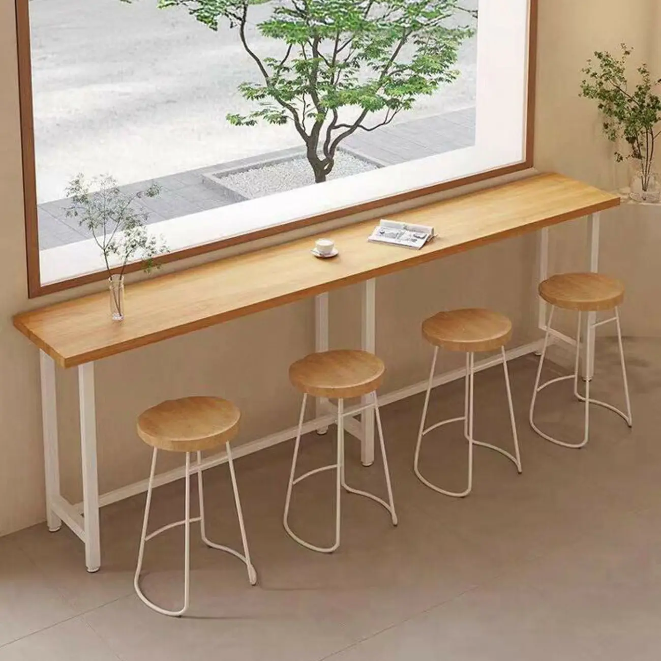 Simplistic Pine Wood Bar Table with White Metal Base for Dining Image - 3 | homeyfad