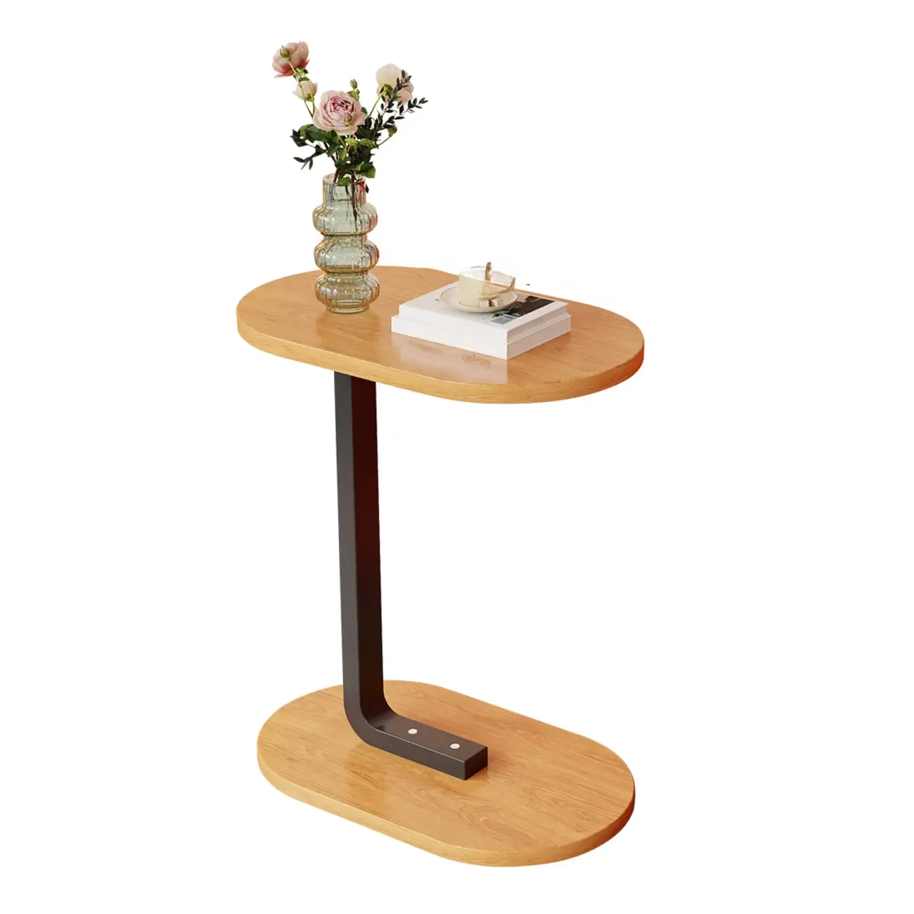 Modern C-Shaped Oval Wood Side Table with Metal Base Image - 9