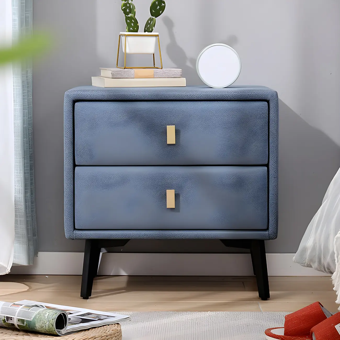Modern Blue Leather Bedside Table with 2 Storage Drawers Image - 1 | homeyfad