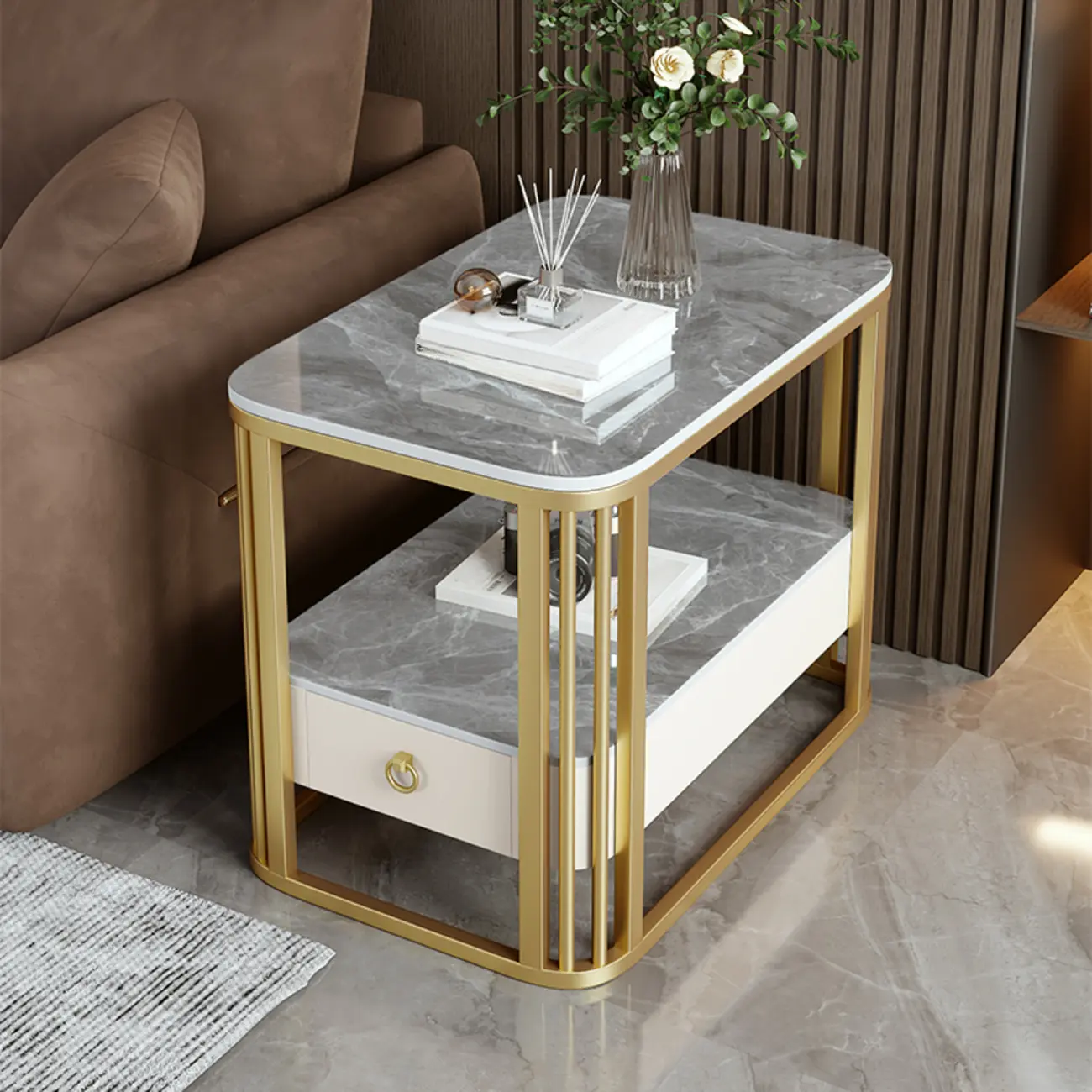 2-Tier White Marble Side Table with Storage and Metal Frame Image - 14 | homeyfad