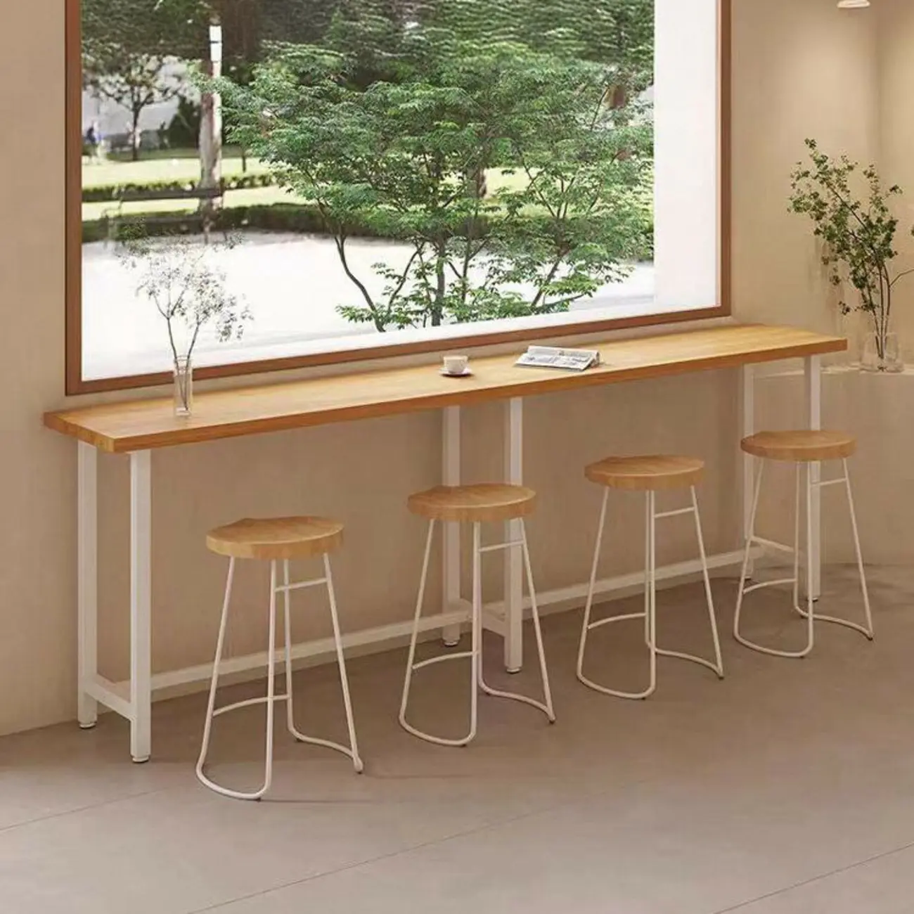 Simplistic Pine Wood Bar Table with White Metal Base for Dining Image - 4 | homeyfad