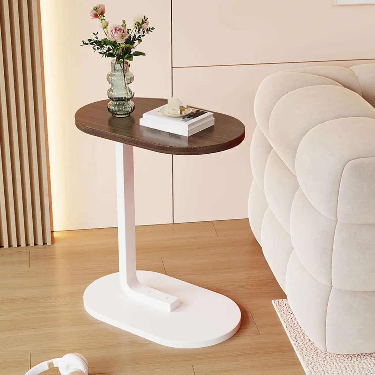 Modern C-Shaped Oval Wood Side Table with Metal Base Image - 10 | homeyfad