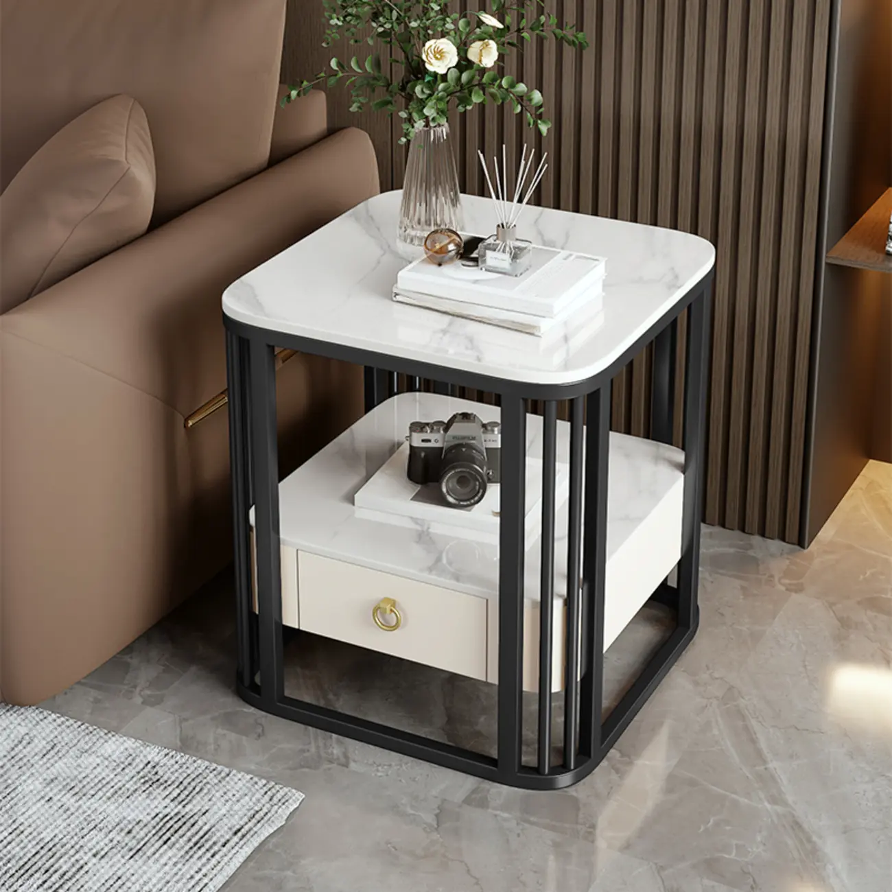 2-Tier White Marble Side Table with Storage and Metal Frame Image - 15 | homeyfad