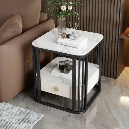 2-Tier White Marble Side Table with Storage and Metal Frame Image - 15