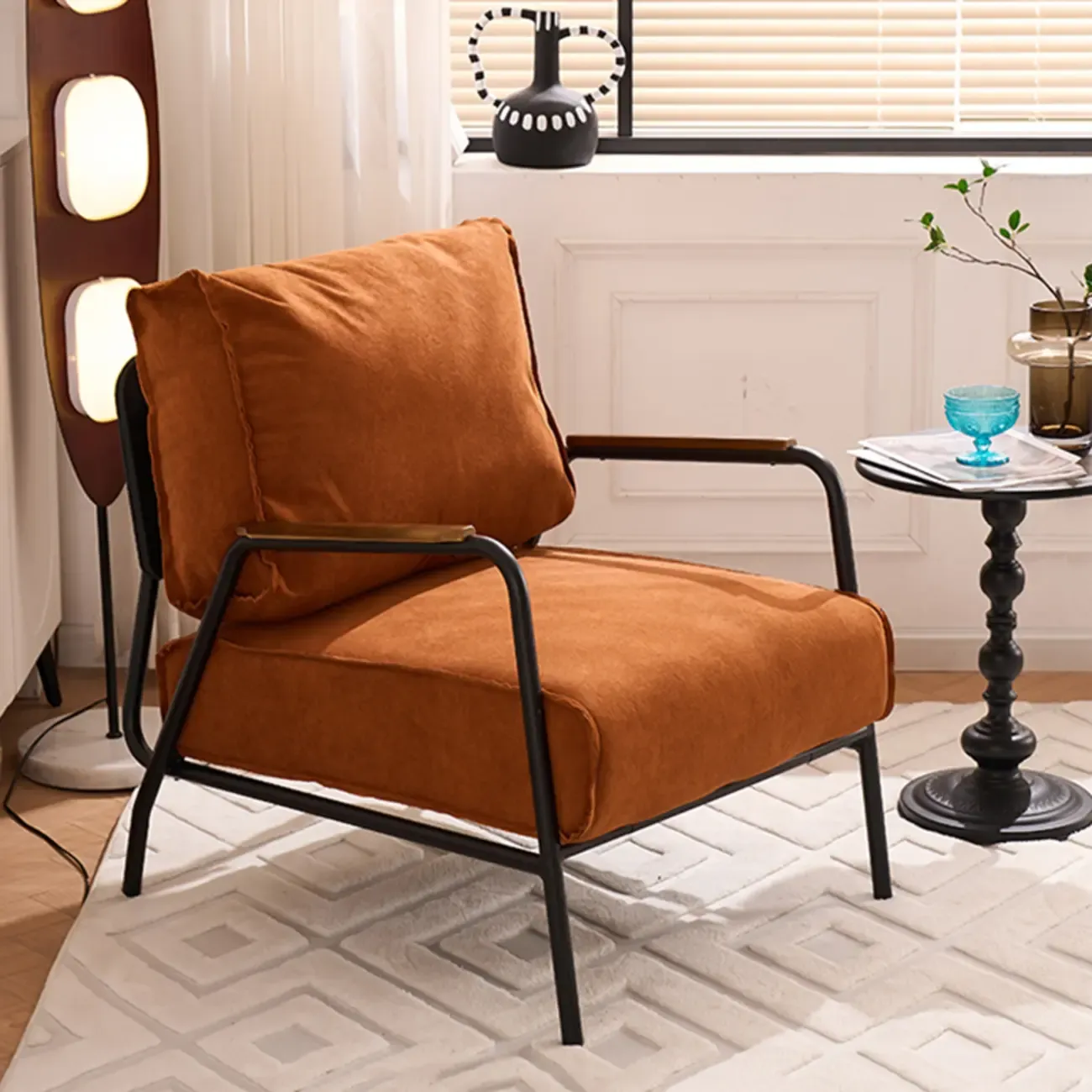 Modern Leather Accent Chair with Pillow and Metal Arms Image - 5