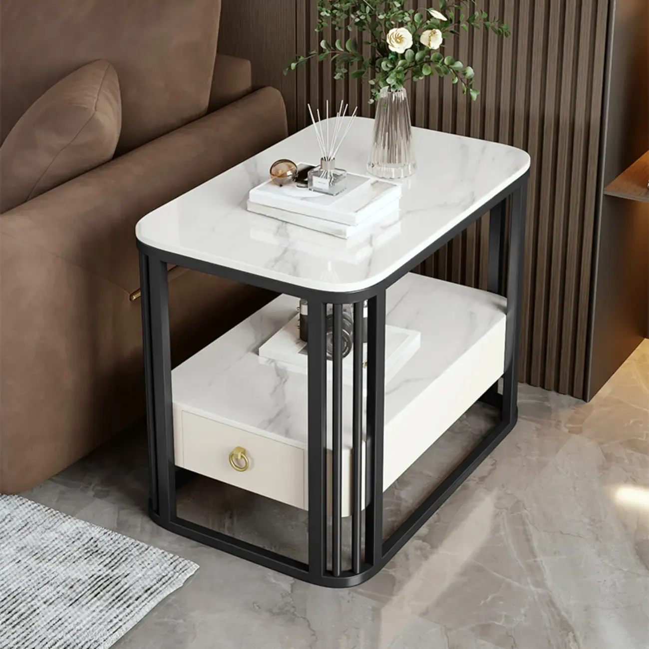 2-Tier White Marble Side Table with Storage and Metal Frame Image - 16