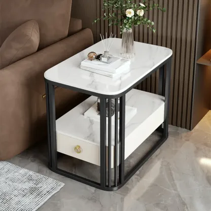 2-Tier White Marble Side Table with Storage and Metal Frame Image - 16