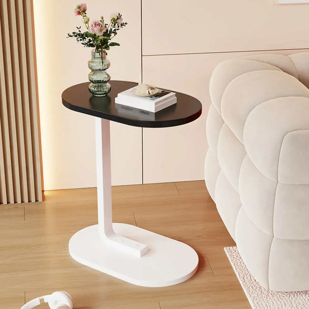 Modern C-Shaped Oval Wood Side Table with Metal Base Image - 12