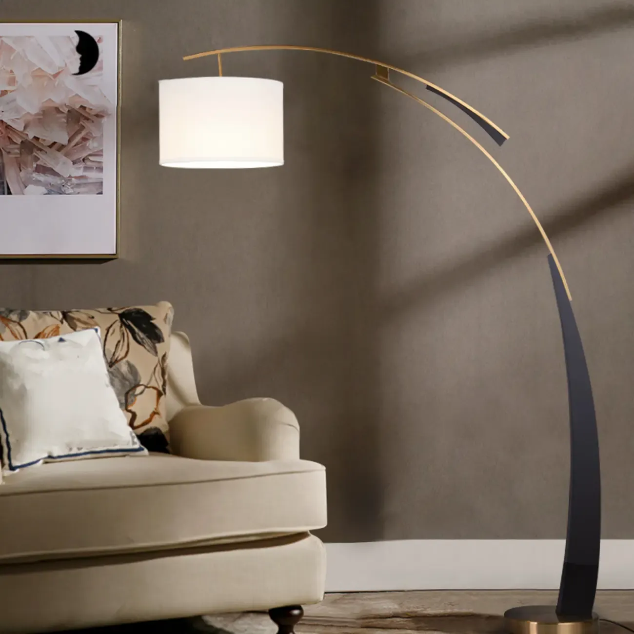 Modern Black Arced Floor Lamp with Fabric Shade and Gold Base Image - 2